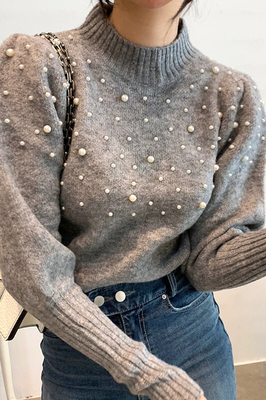 Corea del sud chic autunno e inverno temperamento francese collo semi-alto decorazione perline maglione lavorato a maglia manica lunga sottile donna