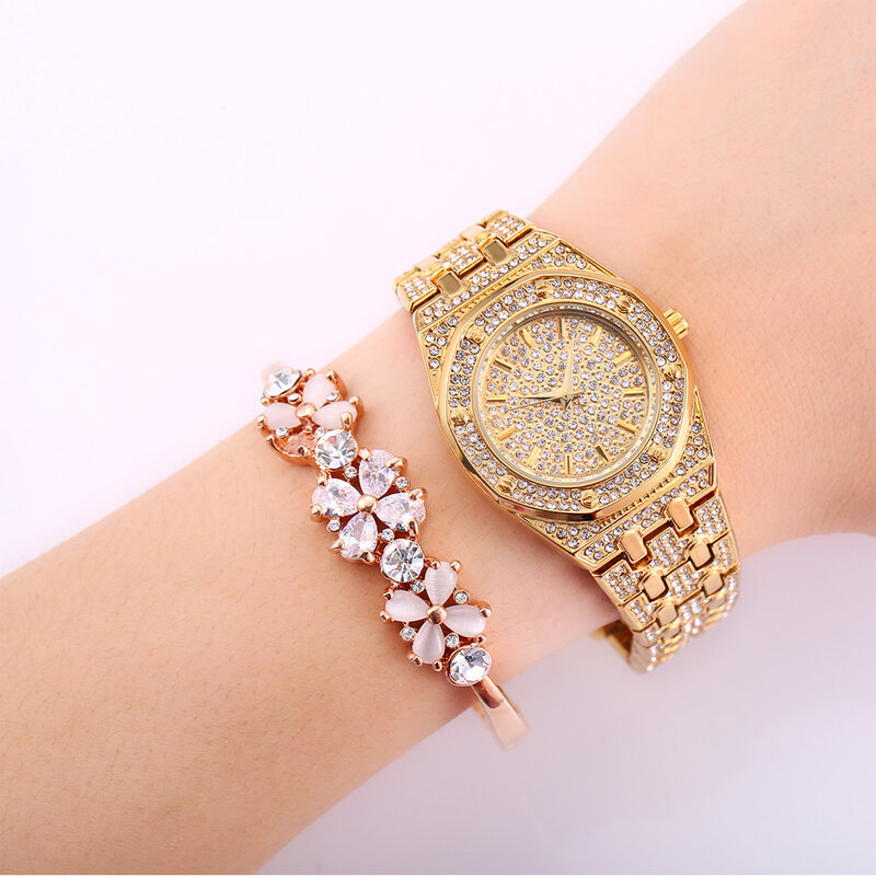 Reloj de lujo con piedras de diamante para mujer, accesorio de pulsera ostentoso, de cuarzo, para vestido