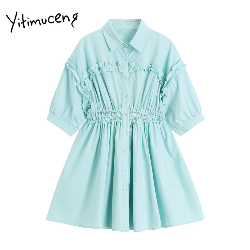 Yitimuceng ruched vestidos femininos verão botão up puff manga alta cintura unicolor doce vestido 2021 moda coreana novo vestido de verão