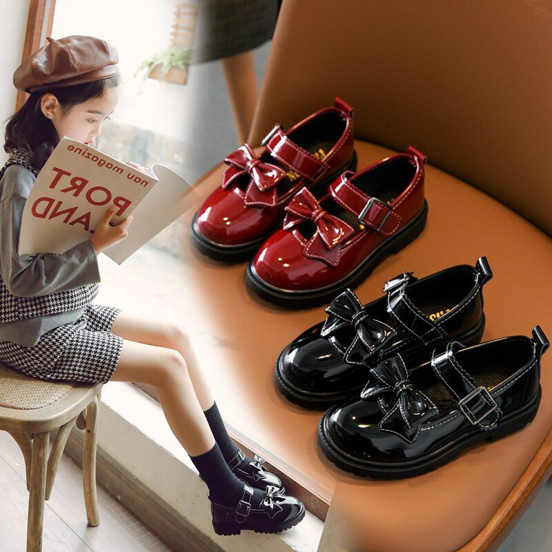 Girls Leather Shoes Black Wine Red Princess Patent Leather Shoes 2021 British Style College Students Campus Performance Shoes