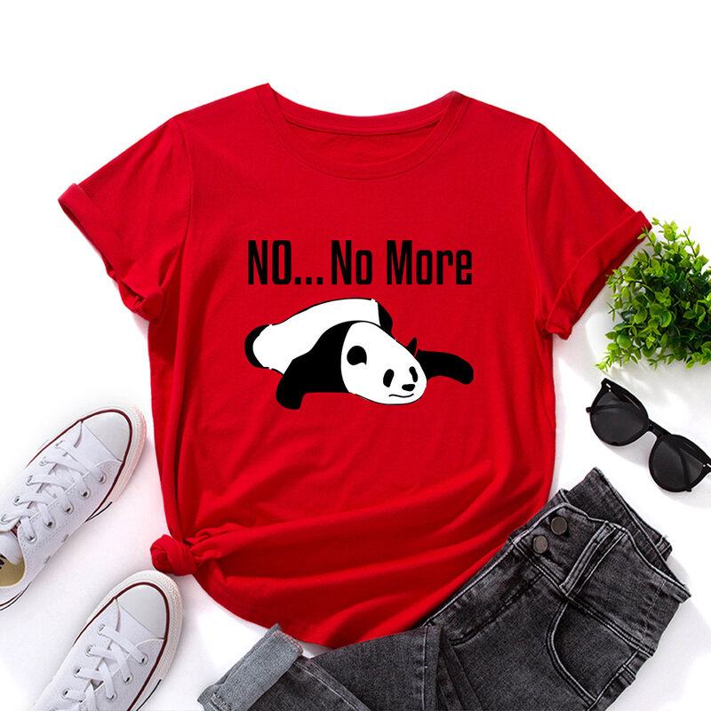 Kaus Gambar Panda Tidur No More Kaus Longgar Leher O Lengan Pendek Wanita Kaus Kasual Wanita Musim Panas Atasan Camisetas Mujer