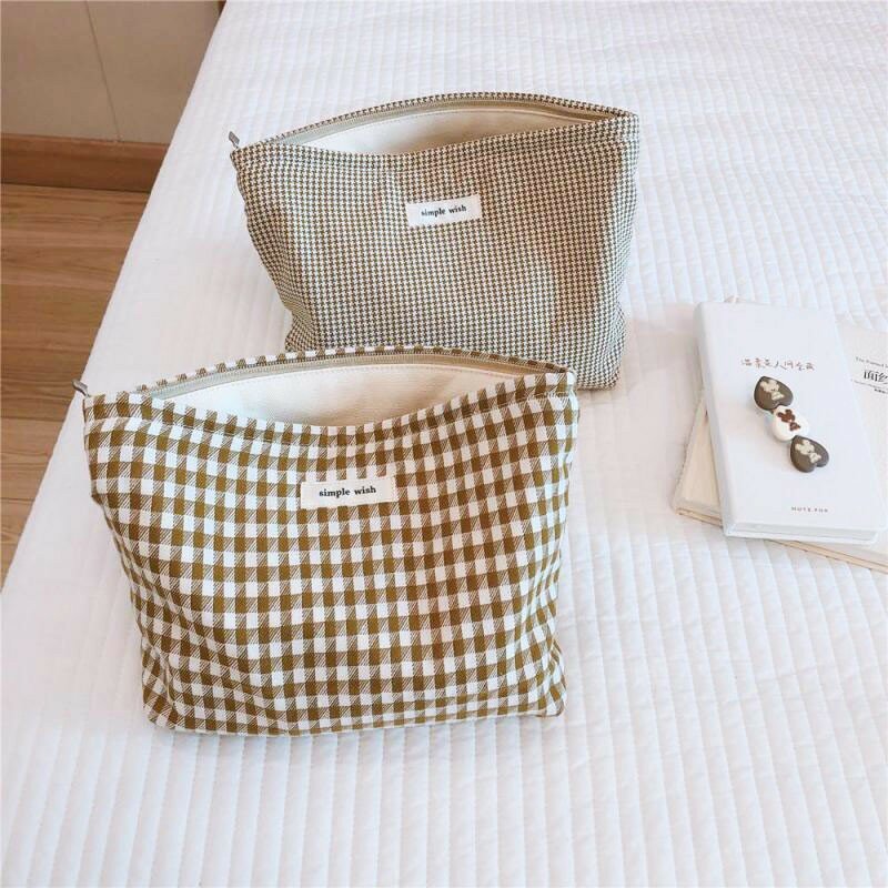 Retro Houndstooth Travel Makeup Bag Cotton Fabric Cosmetic Organizer Bags Large Zipper Beauty Pouch Necesserie Storage Bags