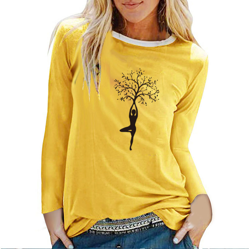 Женская хлопковая футболка с длинным рукавом, принтом в виде дерева, с круглым вырезом