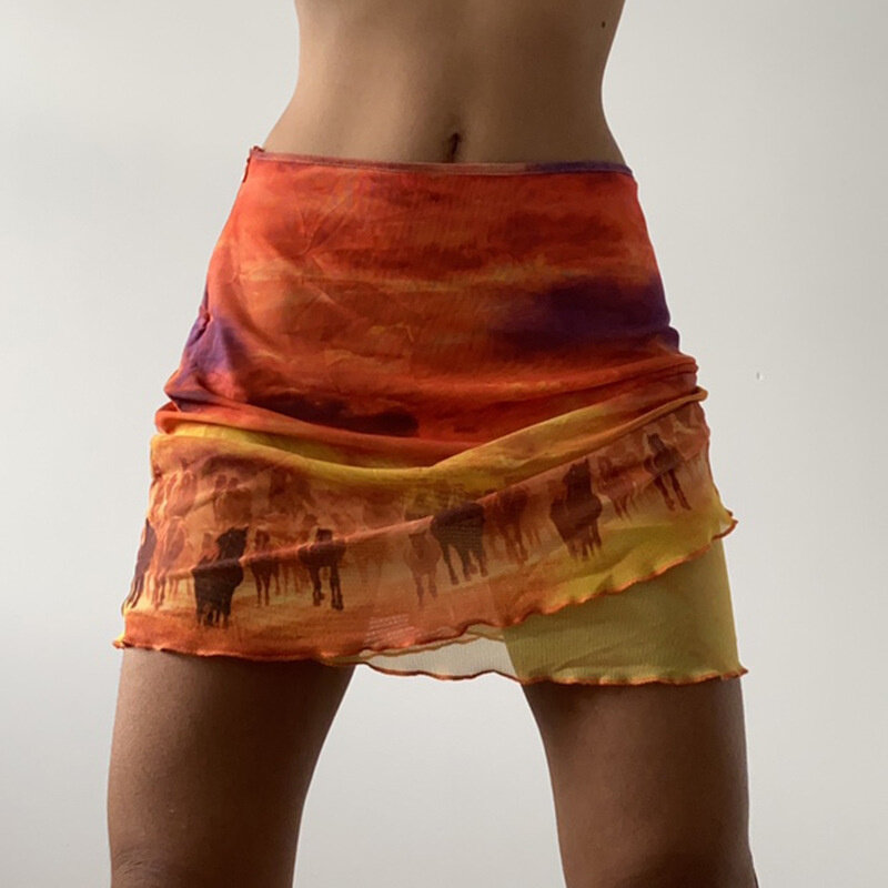 Hirigin النساء بوهو تنورة الشاطئ الصيف عالية الخصر الجرافيك طباعة Ruched سليم تنورة قصيرة ألف خط قيعان عطلة حفلة الإناث 2021