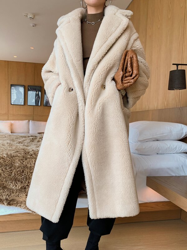 Женское пальто из натуральной шерсти с мишкой Тедди, Женское пальто, утепленное, большого размера, ванильно-табачное синее пальто, женское к...