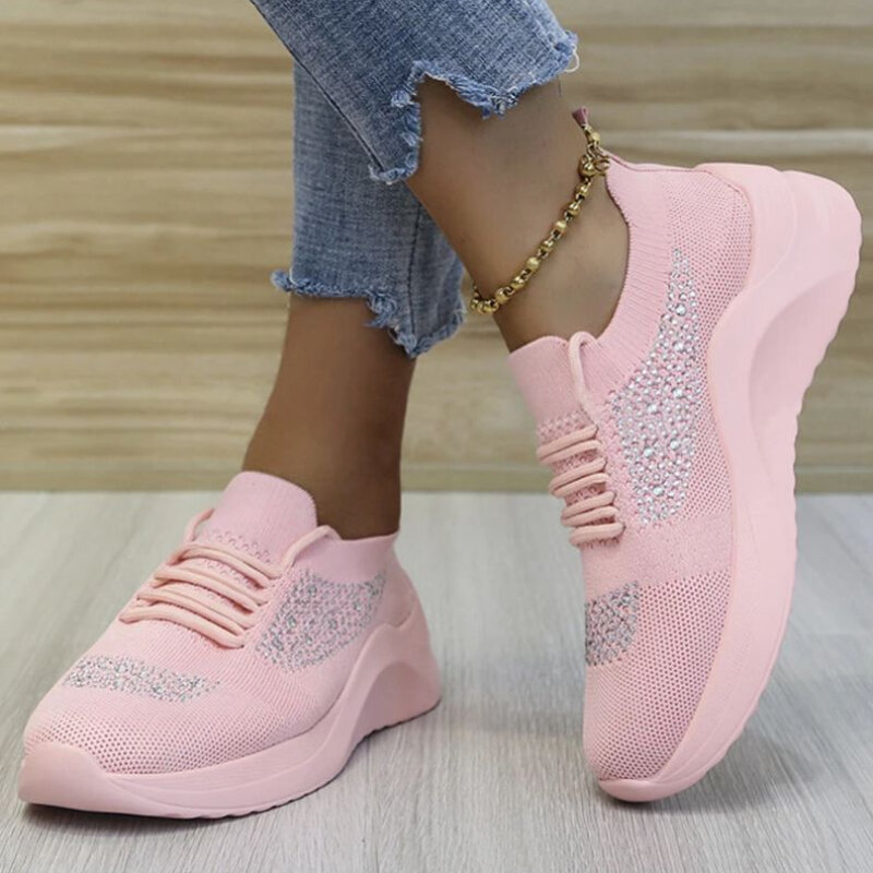 2021Summer New Women Leisure Comfortable Mesh Fabric Rhinestone Lace Up Sports Shoes Running Mountaineering Shoes Hot Sale KP104