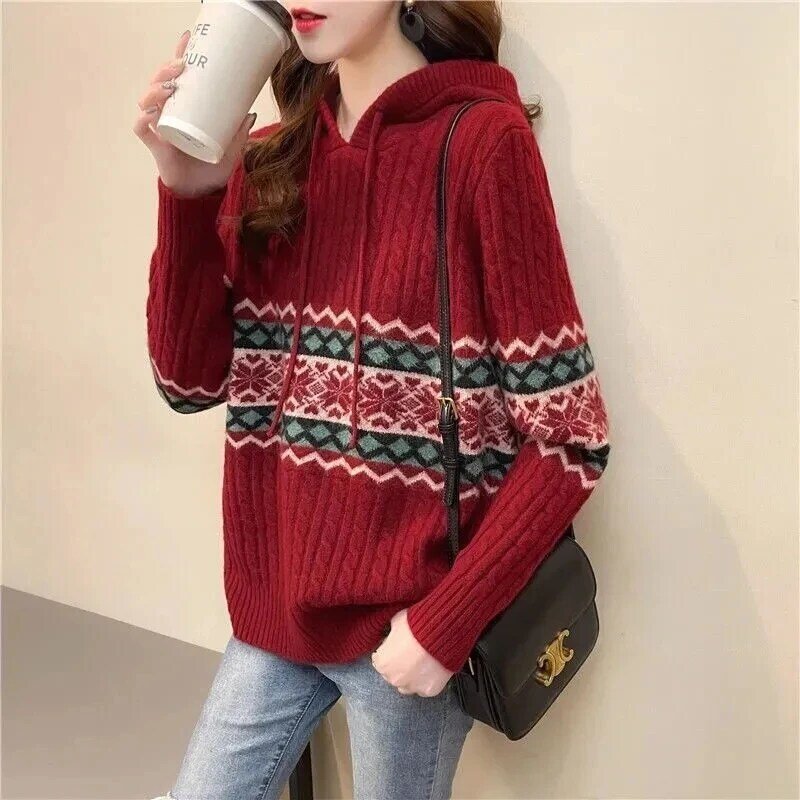 2021 New Spring Autumn Vintage Wear Korean Fashion Hooded Splicing Sweaters Loose Long Sleeve Tops Knitting Harajuku Pullovers