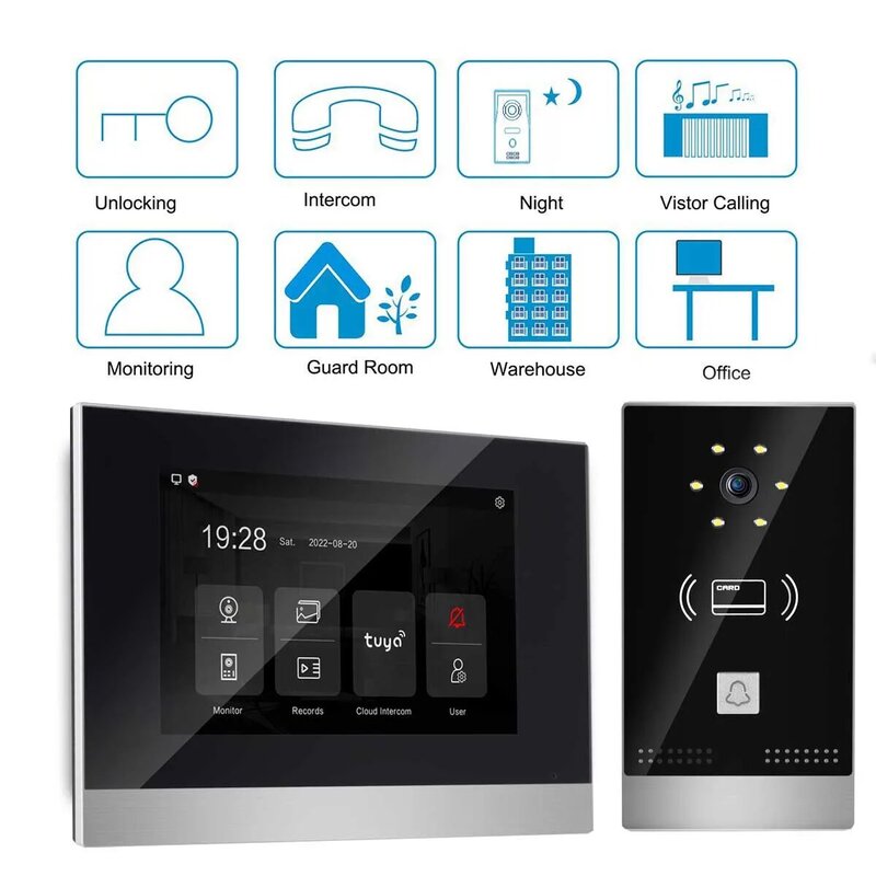 VIDEW 7นิ้วระบบอินเตอร์คอม Tuya Smart Doorbell กล้อง2จอภาพ Night Vision ประตูระบบ RFID สำหรับ Villa