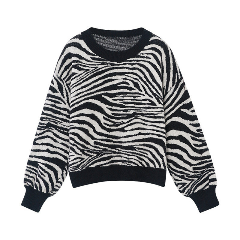 Zebra-stripe feminino tricô pulôver retro chique camisola o pescoço outono inverno solto topo atacado 2022 senhora casual streetwear