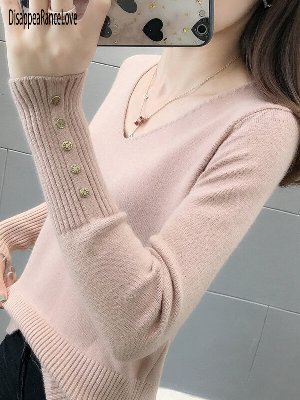 Женский свитер с V-образным вырезом, зимняя модная одежда 2021, однотонный Повседневный пуловер с рукавами «летучая мышь», вязаный корейский т...