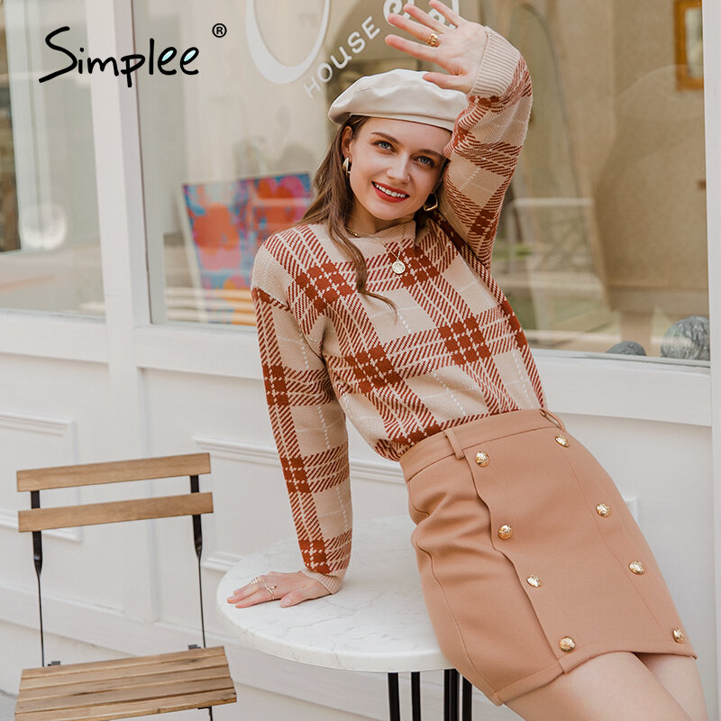 Simplee-suéter de punto a cuadros geométricos para mujer, Jersey informal, diseño Vintage, para otoño e invierno, 2020