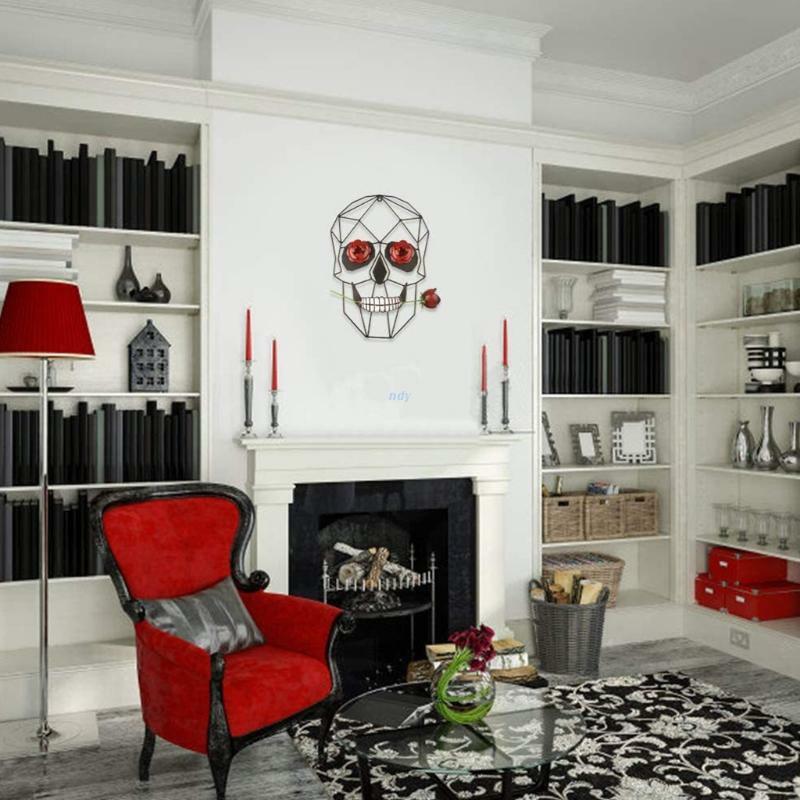 14" Metal Skull with Rose Wall Art Decor for Bedroom Living Room Bathroom Office