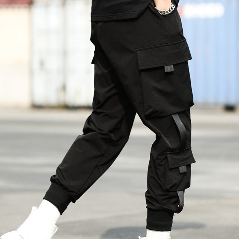 #M18 Gray Blue Pantalones Cargo de harén con bolsillos laterales para hombre,pantalón negro de Hip-Hop,informal,a la moda,ropa de calle cintas 