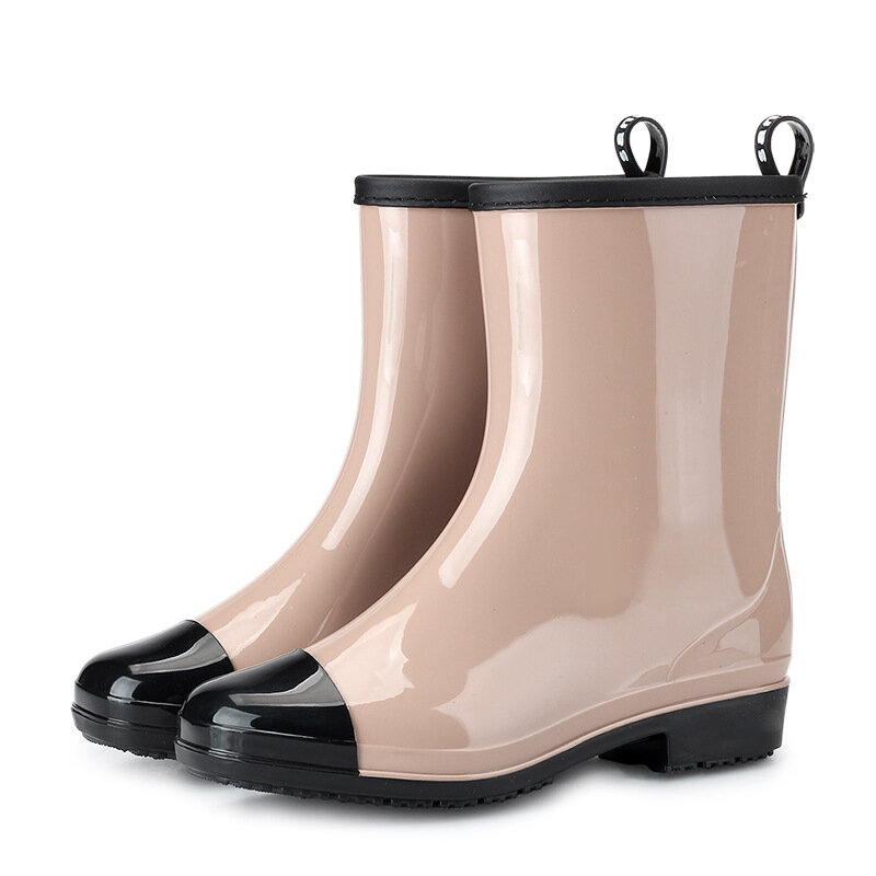 Botas de lluvia cálidas de piel de PVC para mujer, zapatos de tacón bajo de tubo sólido corto, impermeables, de goma, sdf45