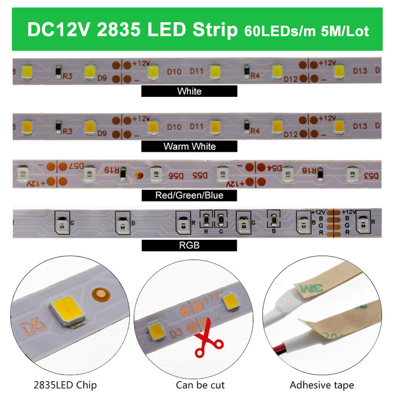 5M/300LED DC12V SMD 2835แถบกันน้ำกันน้ำ LED 16.5ft RGB LED Strip Light Neon ริบบิ้นเทปไดโอดสำหรับตกแต่งบ้าน