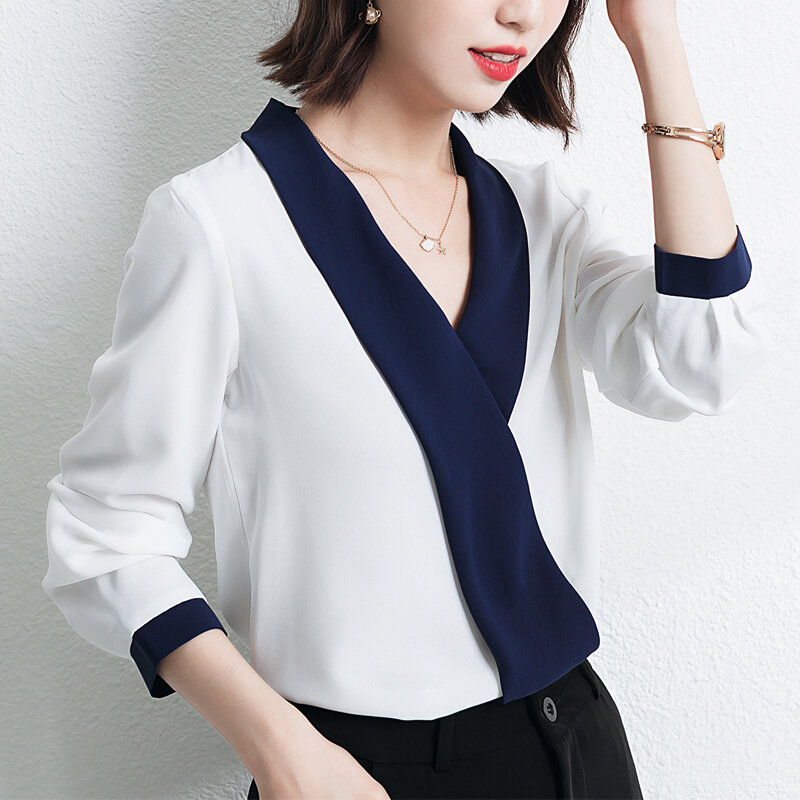 Blusa feminina manga comprida gola v chiffon, camisa feminina