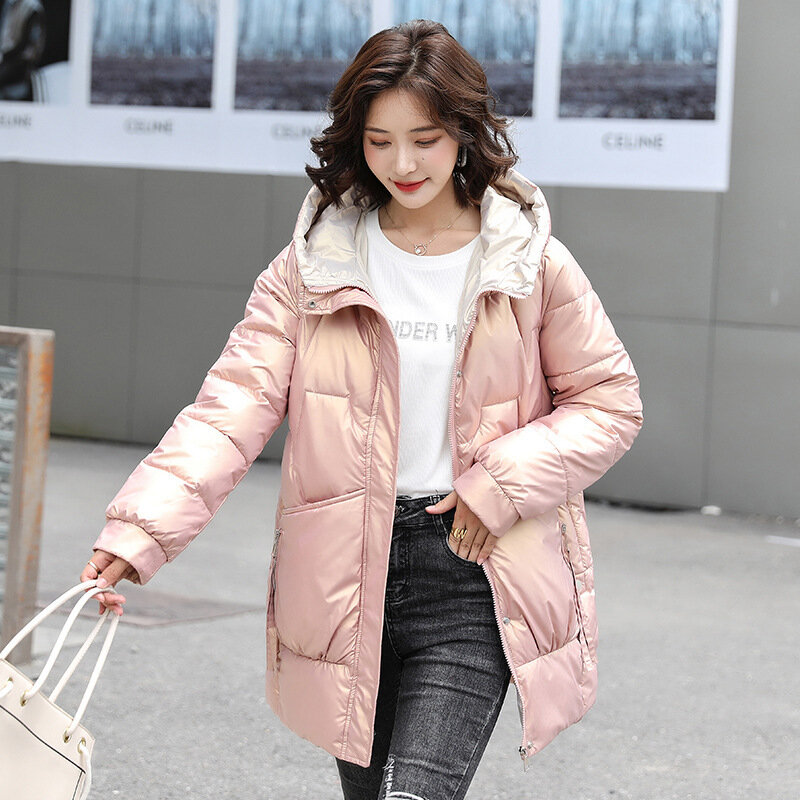 새로운 한국 스타일 샤이니 코튼 다운 재킷 여성용, 중간 길이 슬림 퀼트 코트, 트렌디, 2021 겨울
