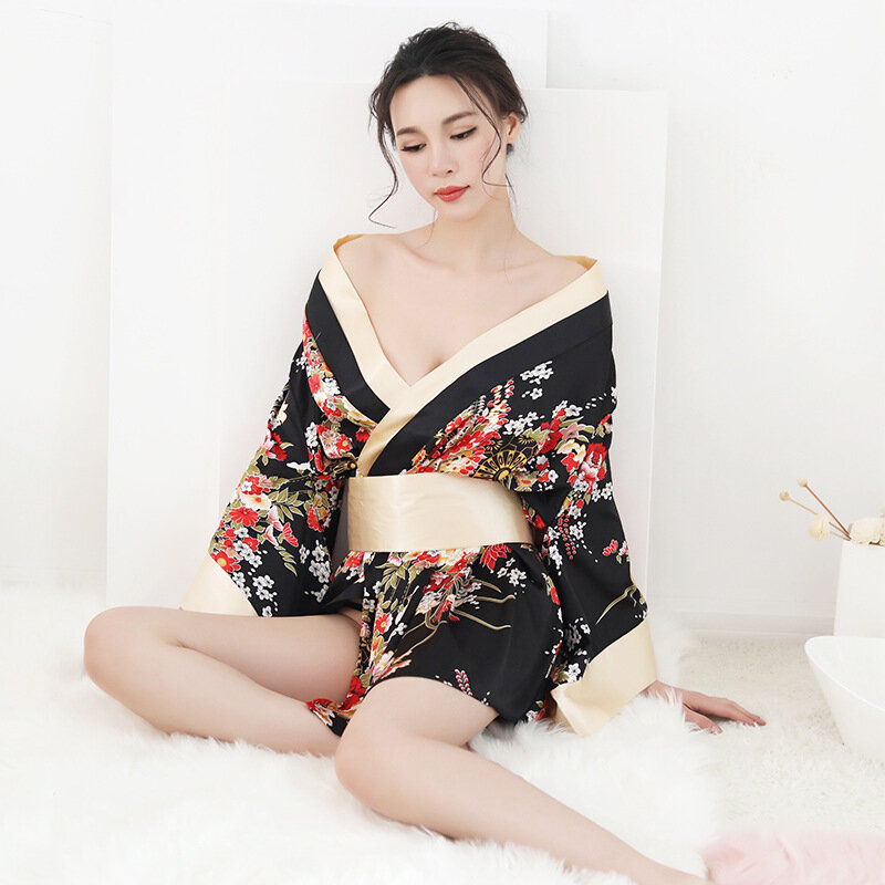 Kimono japonais sexy en fleurs de cerisier pour femmes, pyjama, tentation, jupe, lingerie Sexy