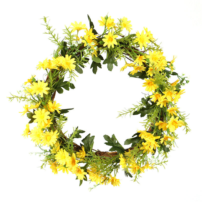 Round Daisy Wreath Artificial Flower with Leaves Welcome Front Door Hanging Decoration Festive Wreaths Home Party Decor 2021