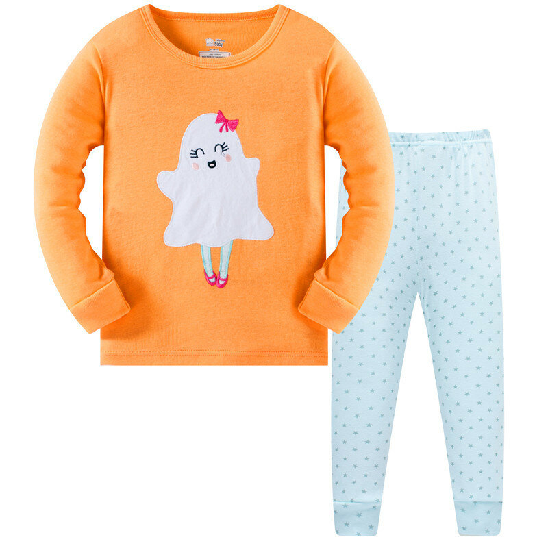 Комплекты детской одежды для девочек, костюмы с принтами, одежда для сна из 2 предметов на весну и осень, хлопковый пижамный комплект с длинным рукавом и мультяшным рисунком