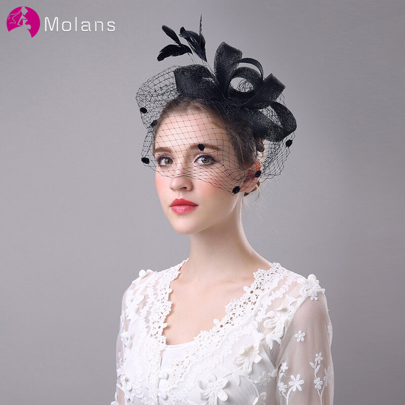 MOLANS Feather Hollow Out Mesh Fascinator For Elegant Women Handmade Wedding Hat For Party Hair Accessories 2020 New