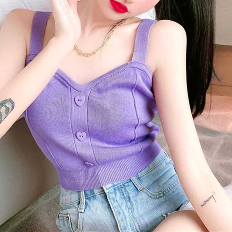 Frauen Strick Crop Top Mit Tasten Gürtel Tank Tops Weibliche Frauen Frauen Camis Bustier Crop Tops Top Sommer Kleidung T0T8