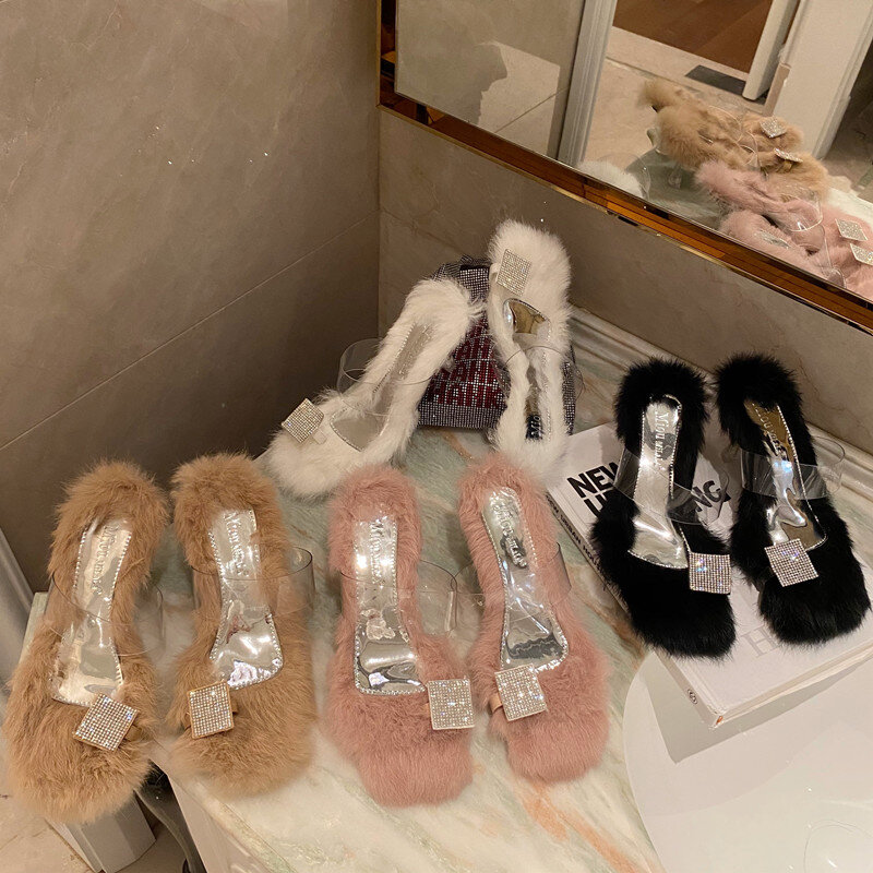 Zapatillas de tacón alto de cristal para mujer, zapatos de moda con cabeza cuadrada y cómodos, con diamantes de imitación, película transparente peluda, otoño 2021