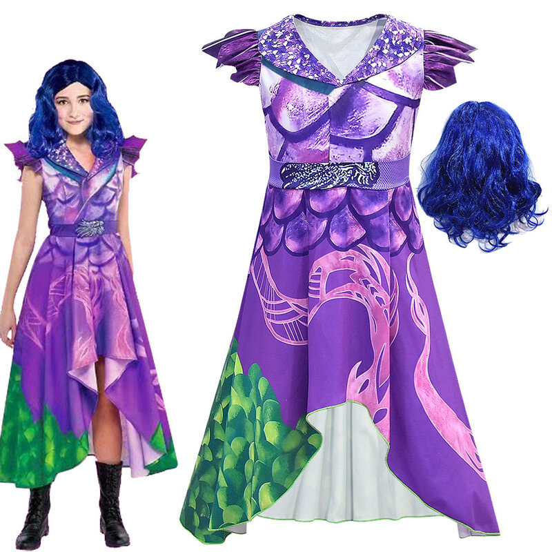 Costume de Mal Cosplay pour filles, 3 robes violettes pour enfants, Costume d'halloween imprimé, Costumes de fête de carnaval pour filles