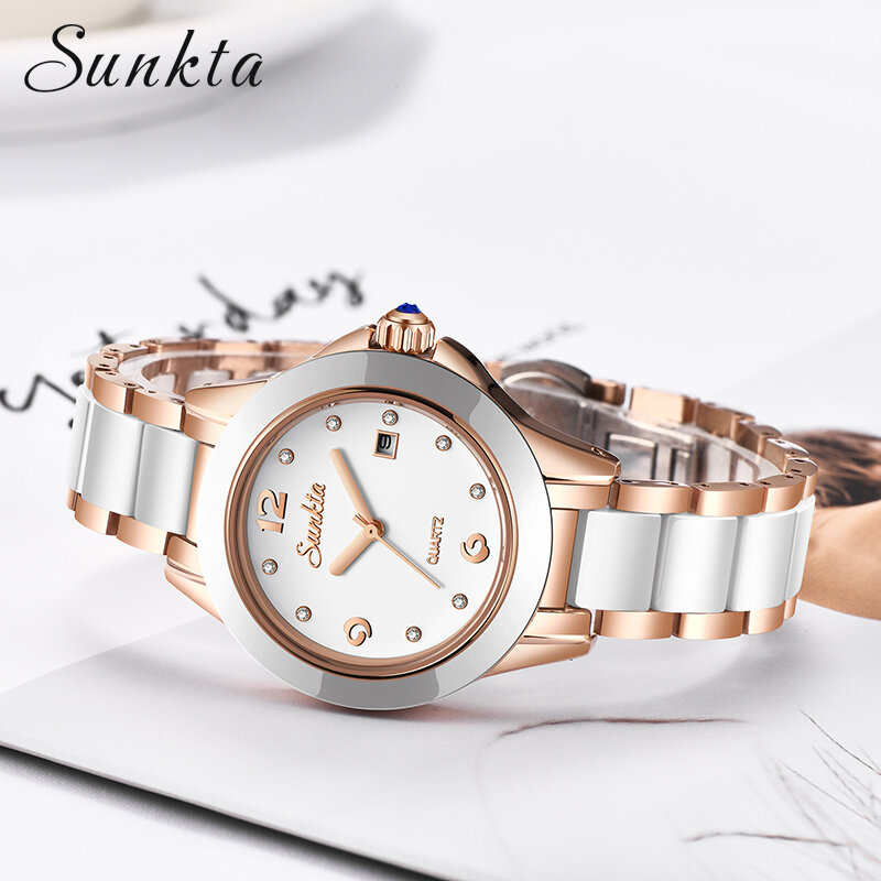 SUNKTA-Reloj de cuarzo para mujer, pulsera de lujo a la moda, color oro rosa, ancho de la correa de 4mm y resistente a los golpes, regalo para esposa y chica