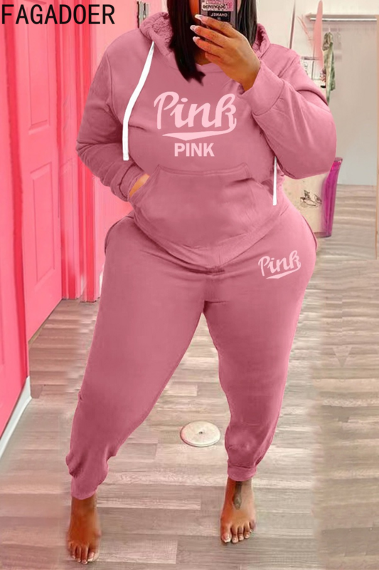 FAGADOER Plus Size PINK Letter Print Two Piece Sets XL-5XL Women Long Sleeve Hoodies Top+Jogger Pants Tracksuits Matching Outfit