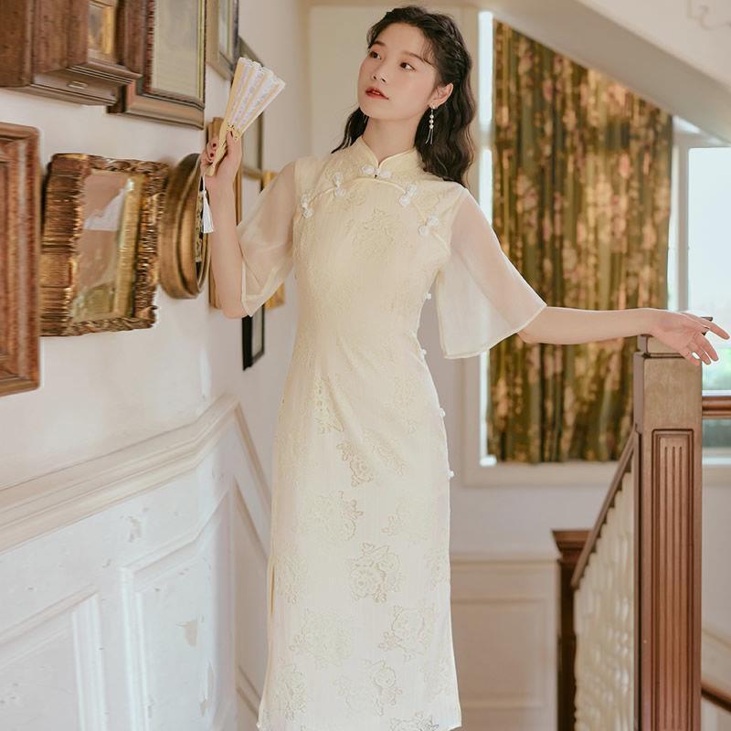 Vestido Cheongsam bordado de estilo chino para niña, vestido Cheongsam elegante para mujer china, vestido Cheongsam Qipao para boda, verano 2021