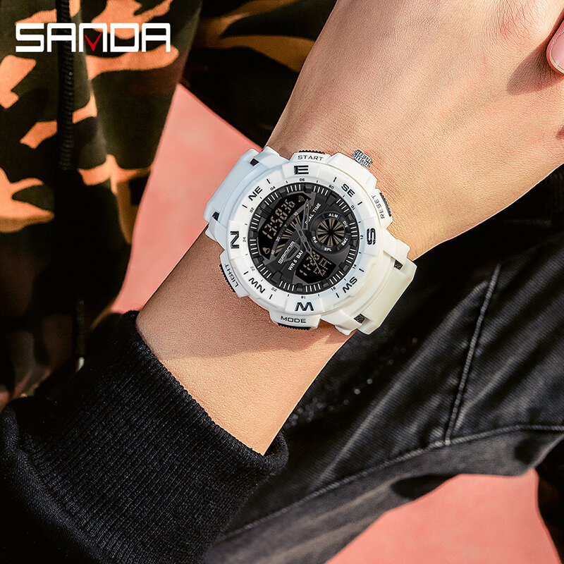 Sanda relógios masculinos moda dupla exibição led à prova dwaterproof água relógio masculino do exército esporte relógio de pulso digital quartzo reloj hombre