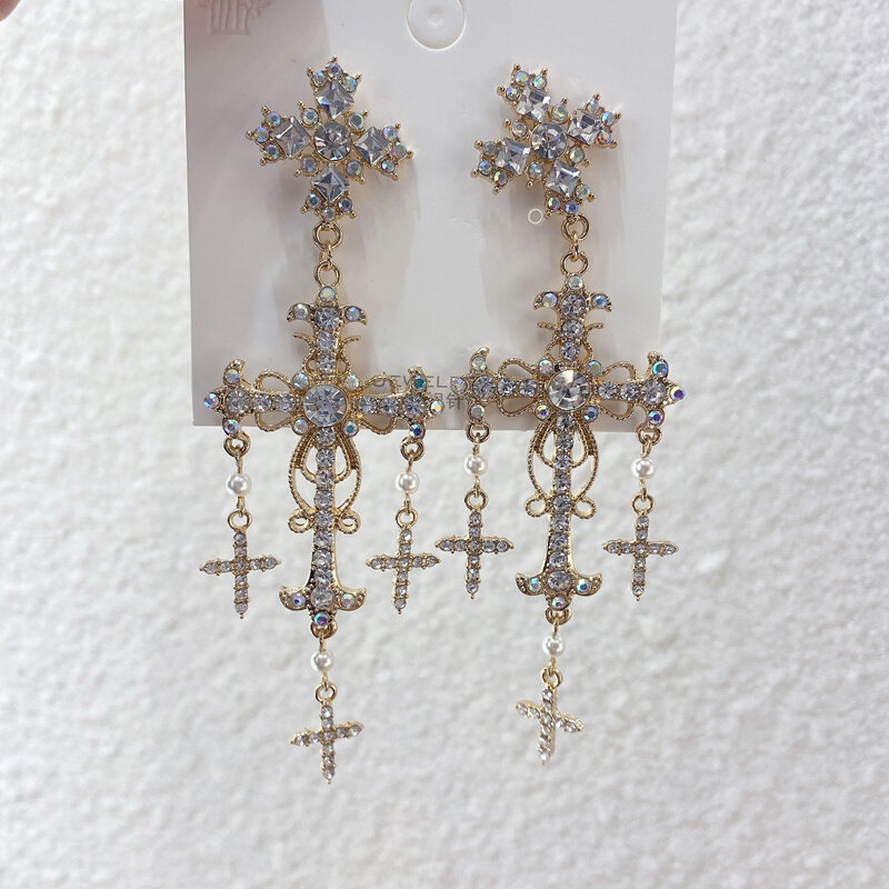 Korean New Trendy Luxury Palace Style Silver Color Crystal Pearl Cross Dangle Earrings For Women Elegant Party Jewelry