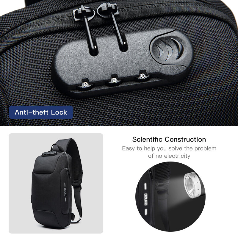OZUKO męska antykradzieżowa torba na klatkę piersiowa wodoodporna torba USB Crossbody wielofunkcyjna męska torba z paskiem na ramię krótka podróżna torba kurierska