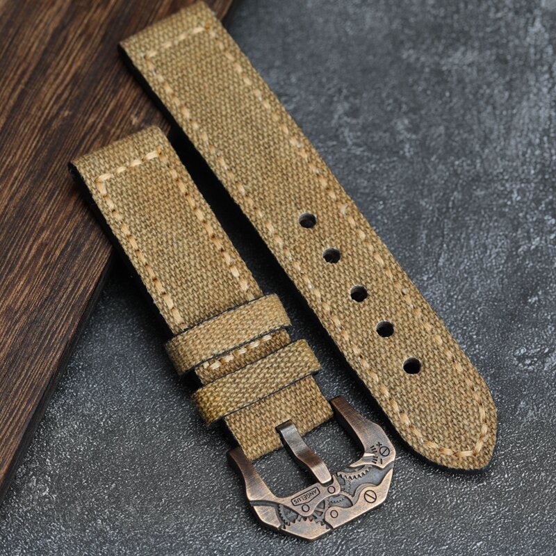 Handmade Canvas + Leather Watchband 20 22 24 26MM Compatible Bronze Strap  Personalized Bronze Buckle