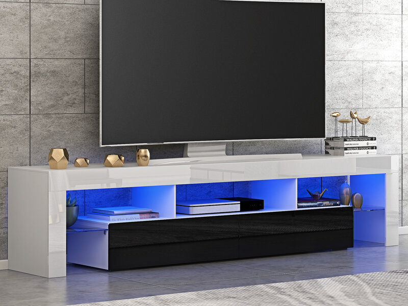 Supporti TV lunghezza 160cm, LED RGB frontale lucido, 2 cassetti portaoggetti, ripiano in vetro, mobile TV mobili soggiorno