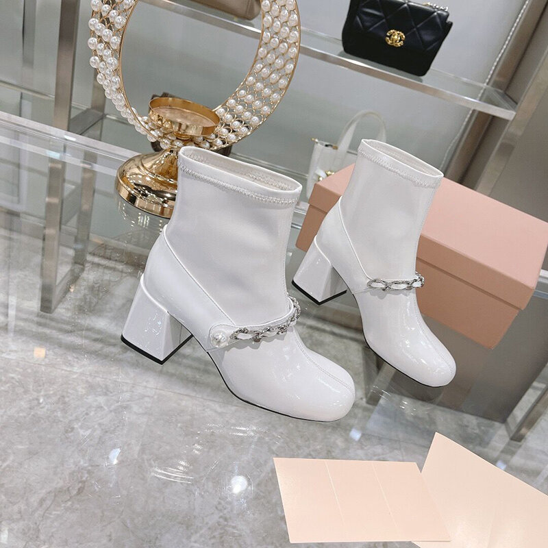 2021 Autumn New Patent Leather Women Boots Fashion Metal Chain Round Toe Stiletto Women Shoes Botas Mujer High Heels Shoes