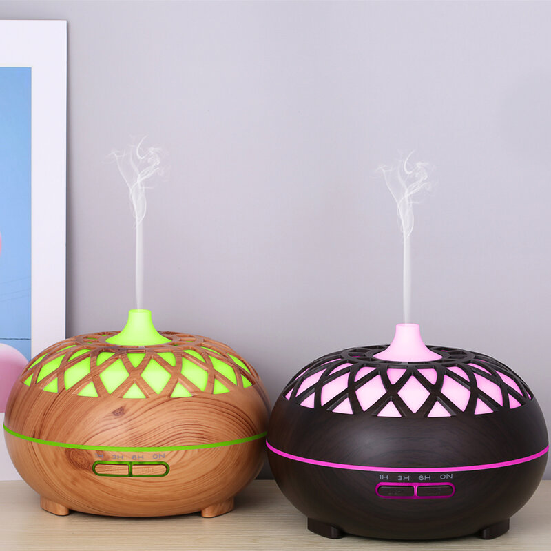 ใหม่400ML สีไม้รูปแบบ Air Humidifier,Aroma Essential Diffuser น้ำมันที่มีสีสัน Night Light,ด้วยรีโมทคอนโทรล