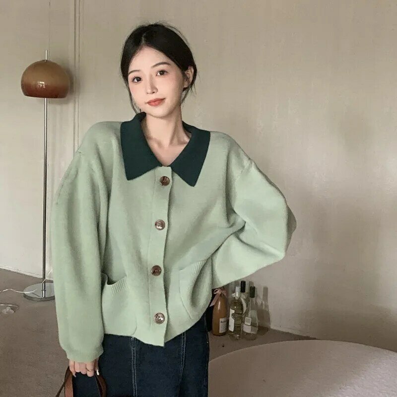 Cárdigan de punto de cuello alto para mujer, suéter verde, informal, suelto, suave, ropa de calle coreana, invierno, 2022