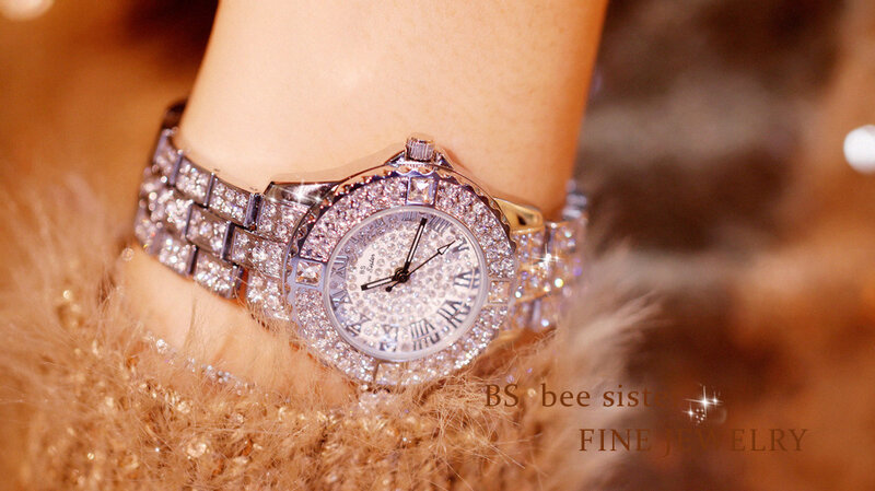 BS เย็นหรูหราคริสตัลนาฬิกาผู้หญิงเพชร32มม.Rose Gold Silver Bling Bling สร้อยข้อมือของขวัญแฟน Relogios femeninos