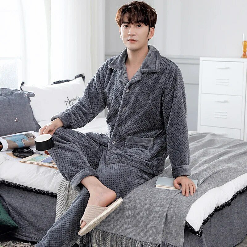 Pijamas de lã coral 2 peça conjunto masculino outono e inverno mais veludo grosso quente flanela serviço de casa masculino terno homewear