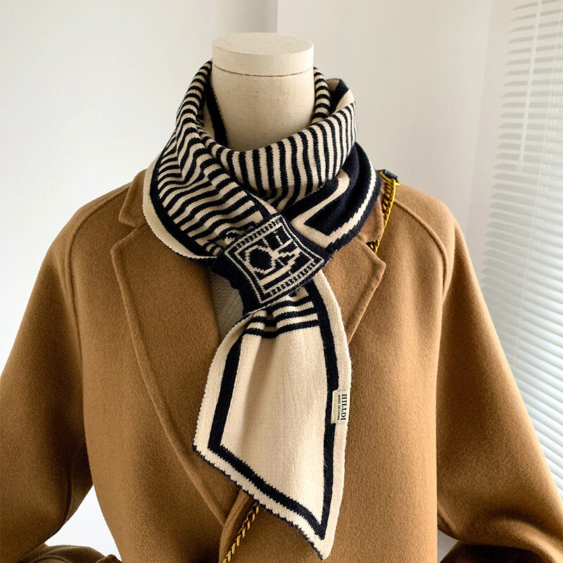 Novo design de malha lenço listrado marca luxo cachecol feminino inverno cachecol quente longo magro pequeno cachecol feminino lenço lenço