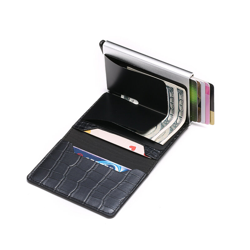 2021 etui na karty kredytowe portfel mężczyźni kobiety RFID skrzynka aluminiowa Vintage Crazy Horse skóra PU posiadacz karty bankowej