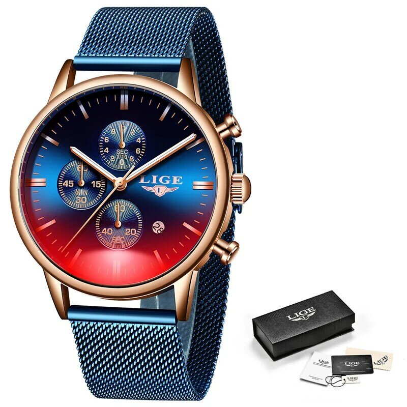 2021 LIGE New Unique Mens Watch Stainless Steel Mesh Belt Watches For Men Casual Sport Chronograph Waterproof Quartz Wrist Watch