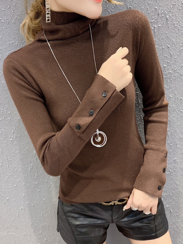 Petit pull à col roulé à manches longues pour femme, de Style coréen, de couleur unie et fraîche, en tricot noir, à la mode, automne 2019