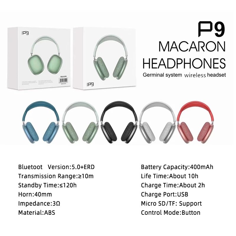 Drahtlose Bluetooth Headset P9 mit Mikrofon Noise Cancelling Wireless 5,0 Kopfhörer Stereo für iOS Android 3,5mm AUX/FM/karte
