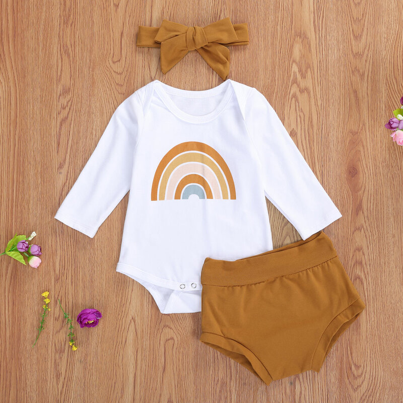 Vêtements trois pièces pour bébés filles, combinaison arc-en-ciel à manches longues et pantalon court de couleur unie avec bandeau
