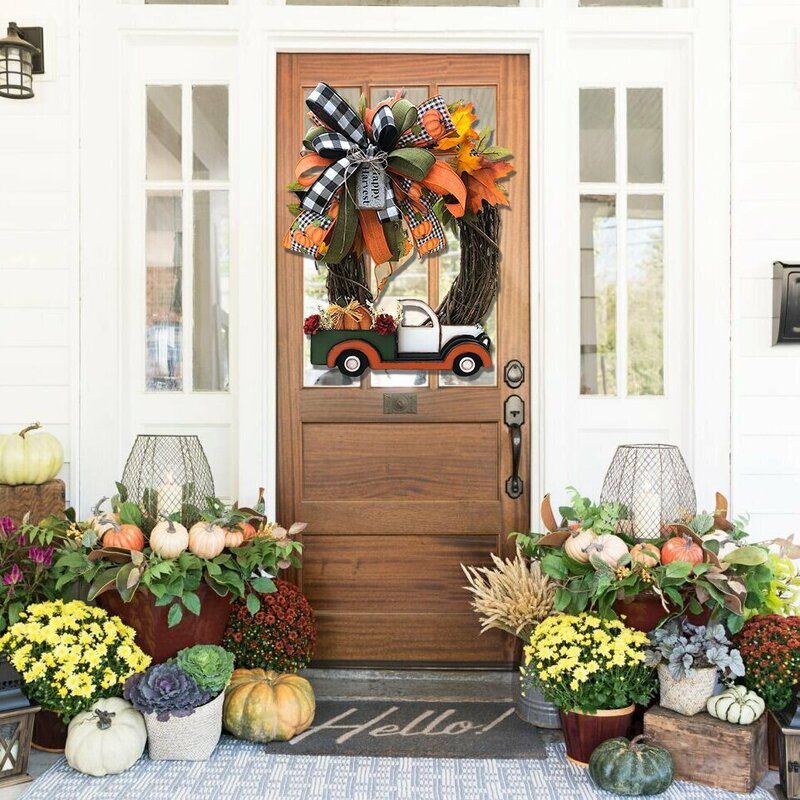 Corona de camión con calabaza para Halloween, guirnalda de otoño para puerta delantera, decoración de coche y granja, placa de puerta, envío directo