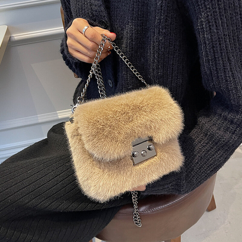 Nowe puszyste torby na ramię stałe miękkie w stylu Vintage luksusowe Faux Fur torba dla pań moda łańcuchy pluszowe torebki torebka