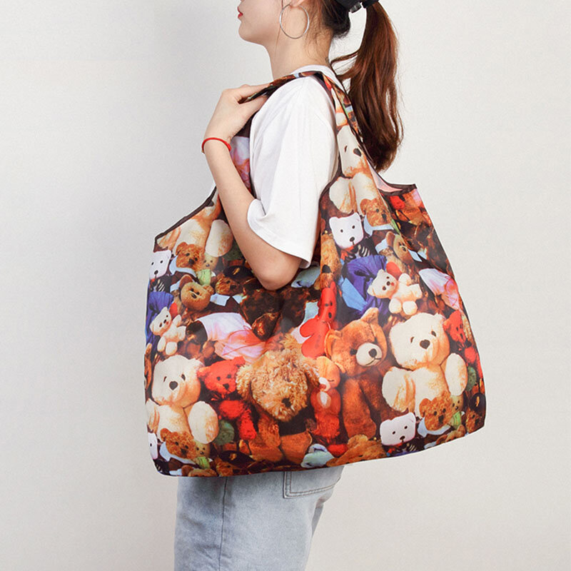 Urso sacola de compras dobrável eco-friendly dobrável reutilizável portátil bolsa de ombro poliéster impermeável para viagem sacos de mercearia